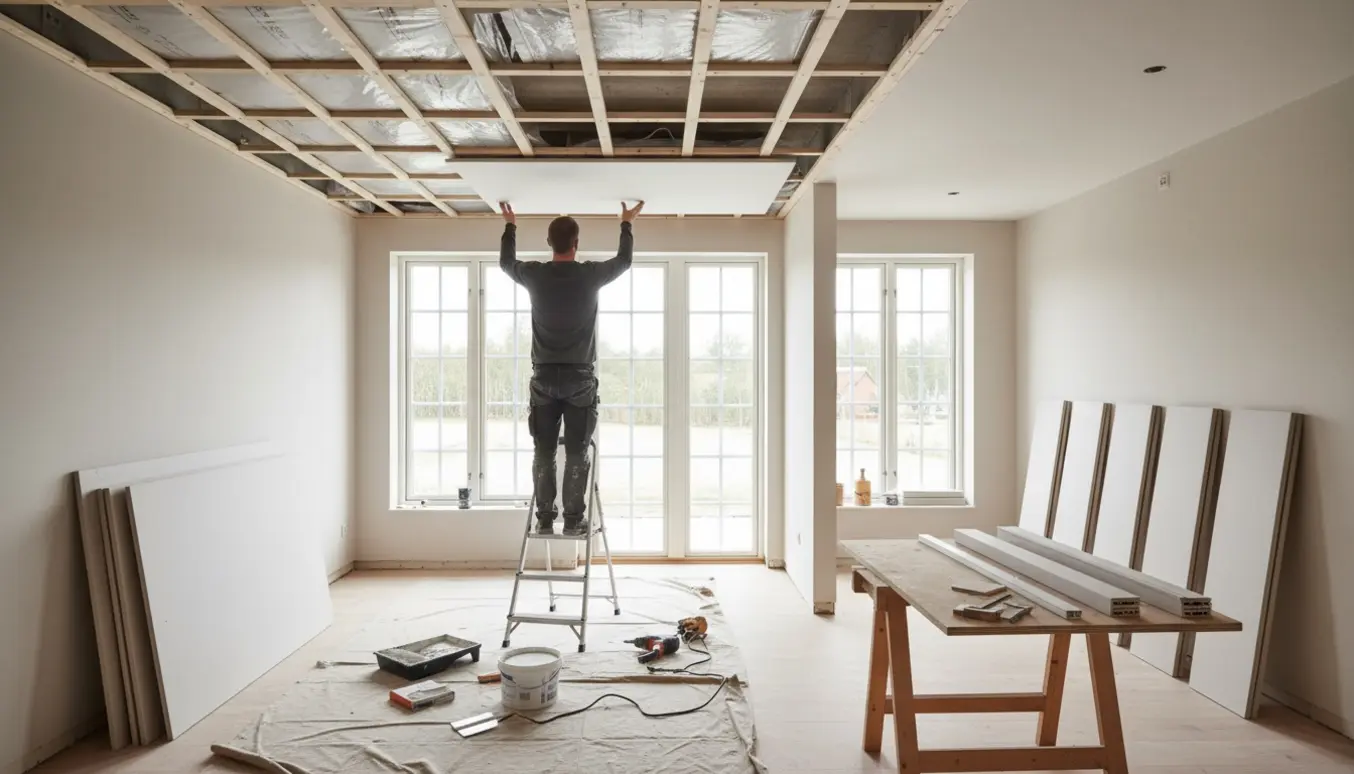 Montering af gips- og akustikloft med plader, dampspærre, forskalling og værktøj i et enfamiliehus.