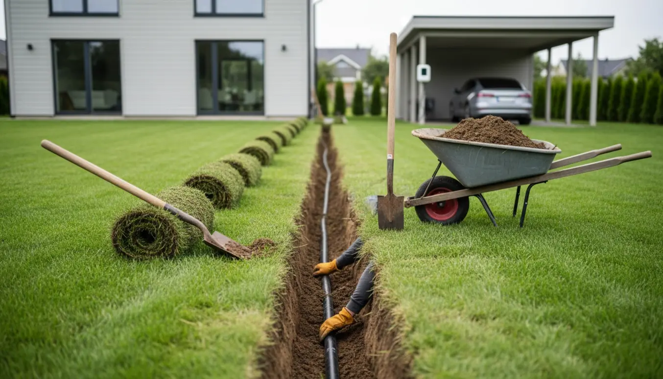 Grøft i græsplænen med lagt kabelrør fra hus til carport, spade og trillebør ved siden af.