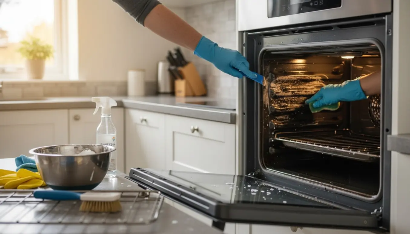 Handskerede hænder rengør indersiden af en åben ovn med skraber og bagepulverpasta, ovnriste står klar til rensning.