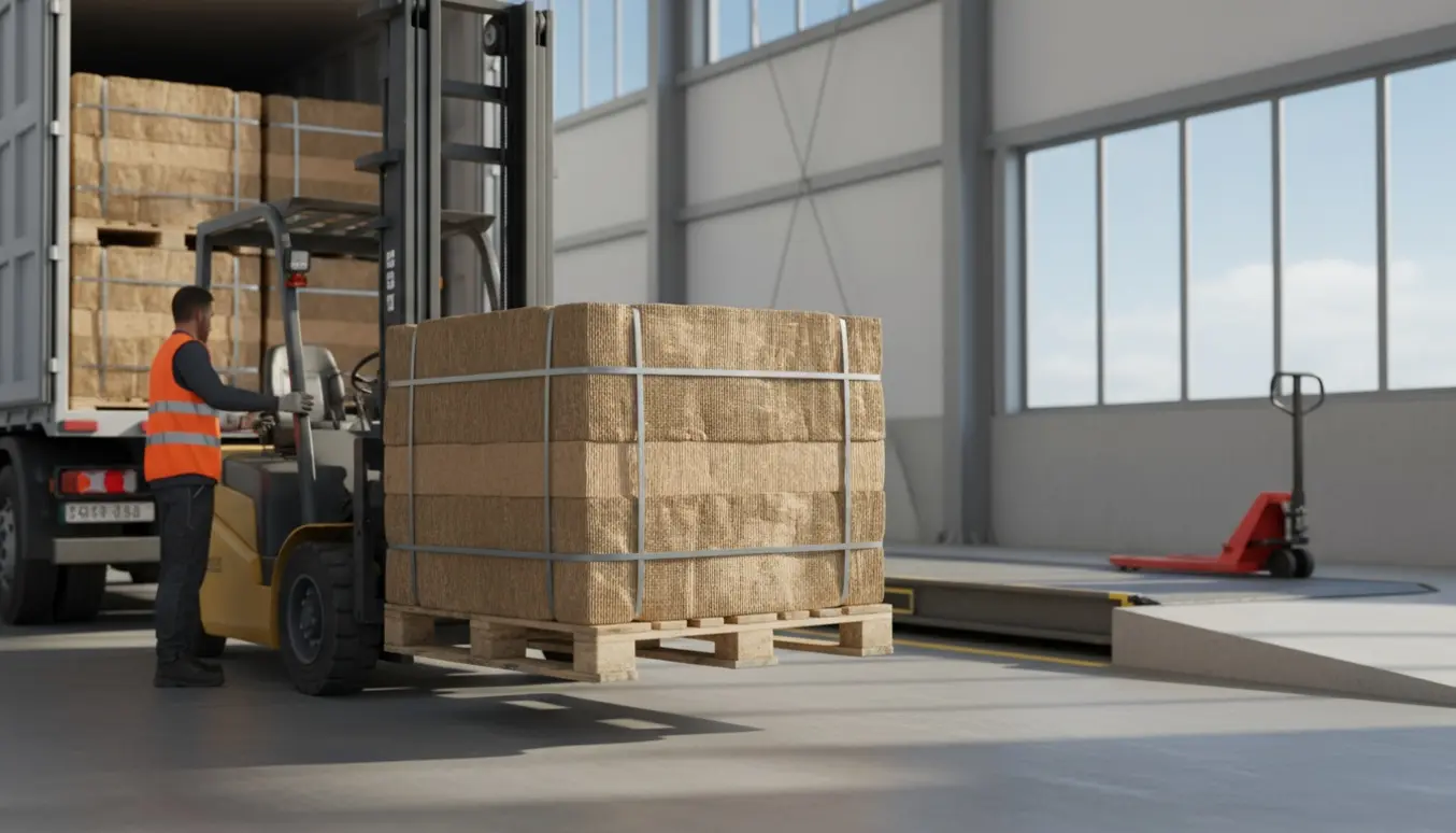 Pressede papballer på paller læsses med en gaffeltruck ved et genbrugsanlæg.