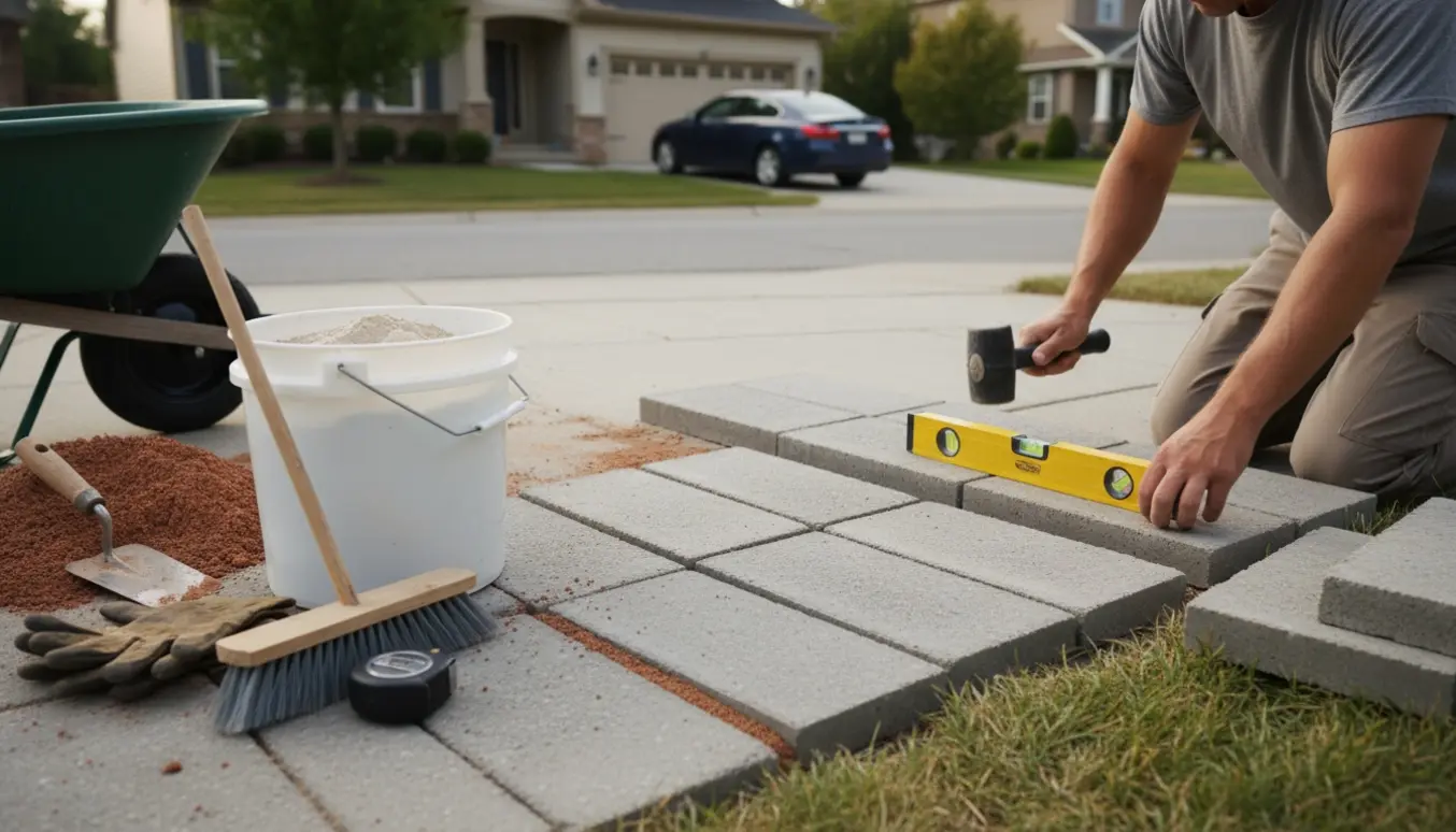 Hænder, der lægger nye fliser i en indkørsel med sand og værktøj i dagslys.