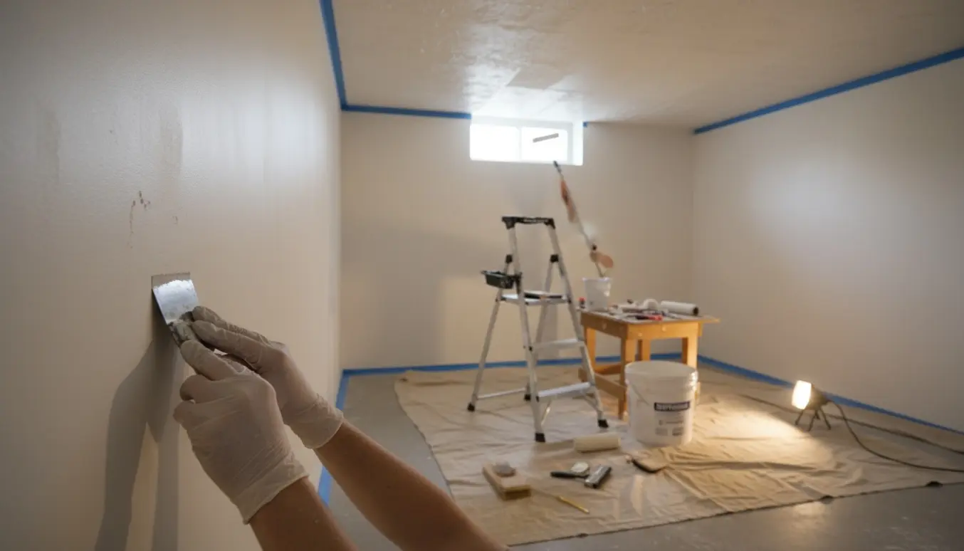 Maler glatter spartelmasse og ruller hvid diffusionsmaling på vægge og loft i en lav kælder med afdækning og værktøj.