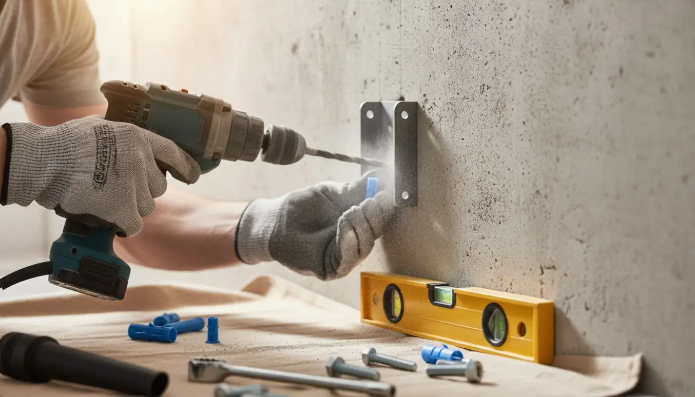 Nærbillede af montering af et vægbeslag på en betonvæg med bor, plastankre og vaterpas.