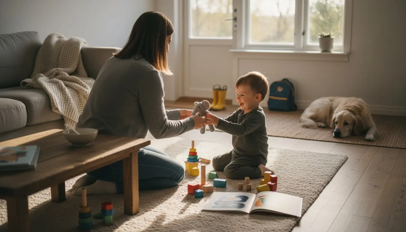 En varm barnepige leger og putter en 3-årig dreng i en hyggelig stue med legetøj og familiens hund.