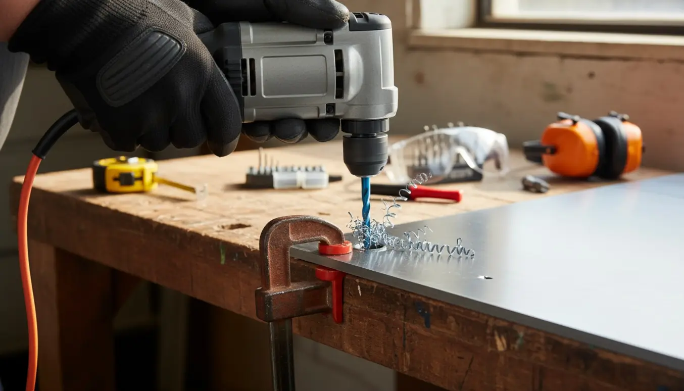 Nærbillede af en handskeomsluttet hånd, der borer et hul i en metalskillevæg med en elboremaskine.