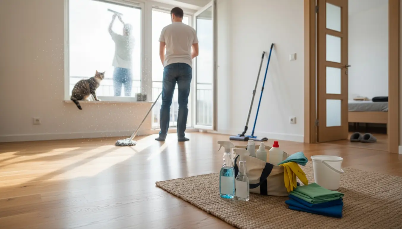 Rengøringsperson mopper stuegulvet indendørs mens en kat sidder på vindueskarmen.