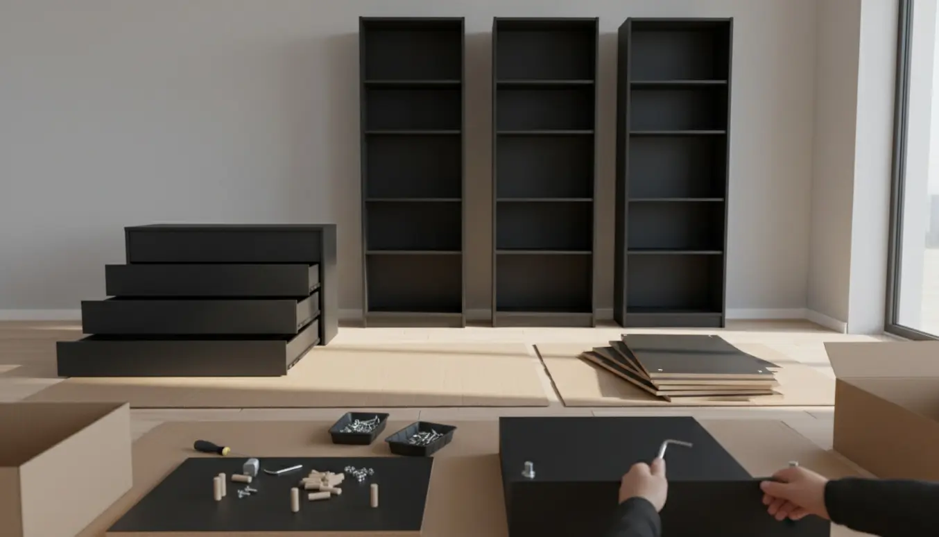 Hænder samler tre sorte fladpakkede reoler og en sort kommode i en lys stue med værktøj på gulvet.