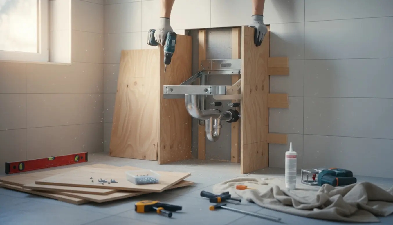 Delvist indbygget metalramme til væghængt toilet med to sider under montage og værktøj i et lyst badeværelse.