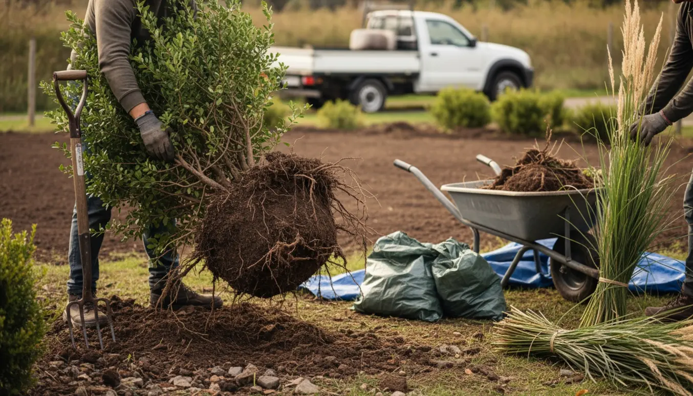 Havearbejder graver buske og siv op med rødder, trillebør og bunke haveaffald klar til afhentning.