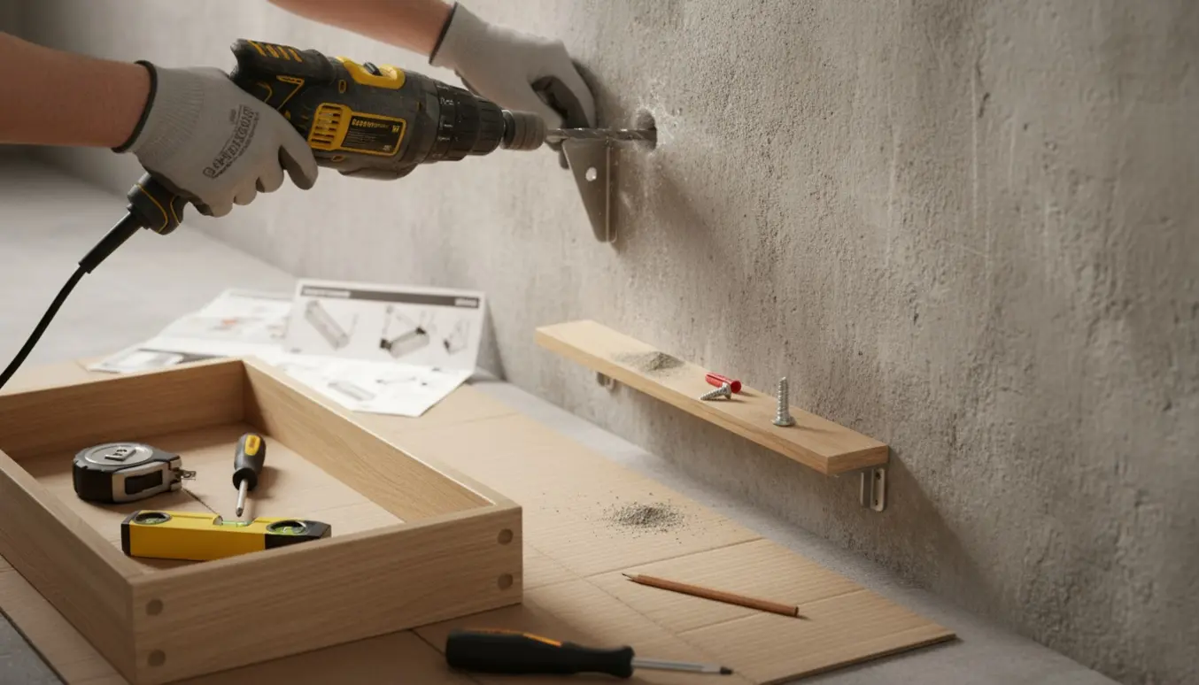 Nærbillede af hænder, der monterer en enkel væghylde på en betonvæg med boremaskine, skruer og plastankre.