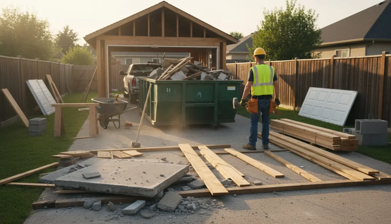Delvist nedrevet garage med håndværker set bagfra, container og byggematerialer klar til opførsel af en ny garage.