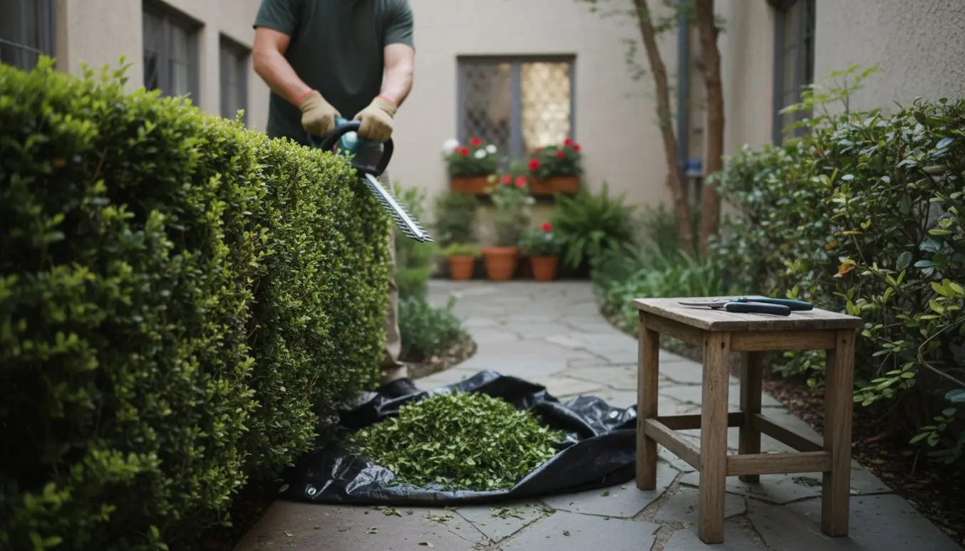 En person klipper hæk i en lille gårdhave ved en stuelejlighed, med en delvist klippet hæk og redskaber på en presenning.