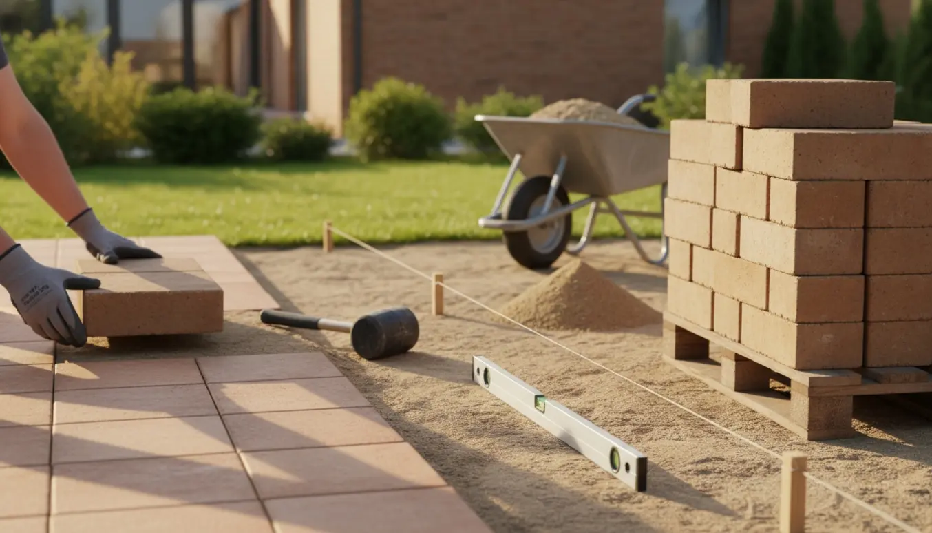 Baghave hvor en fliseterrasse udbygges med håndværktøj, stablede fliser og nystøbte fliser i varmt eftermiddagslys.