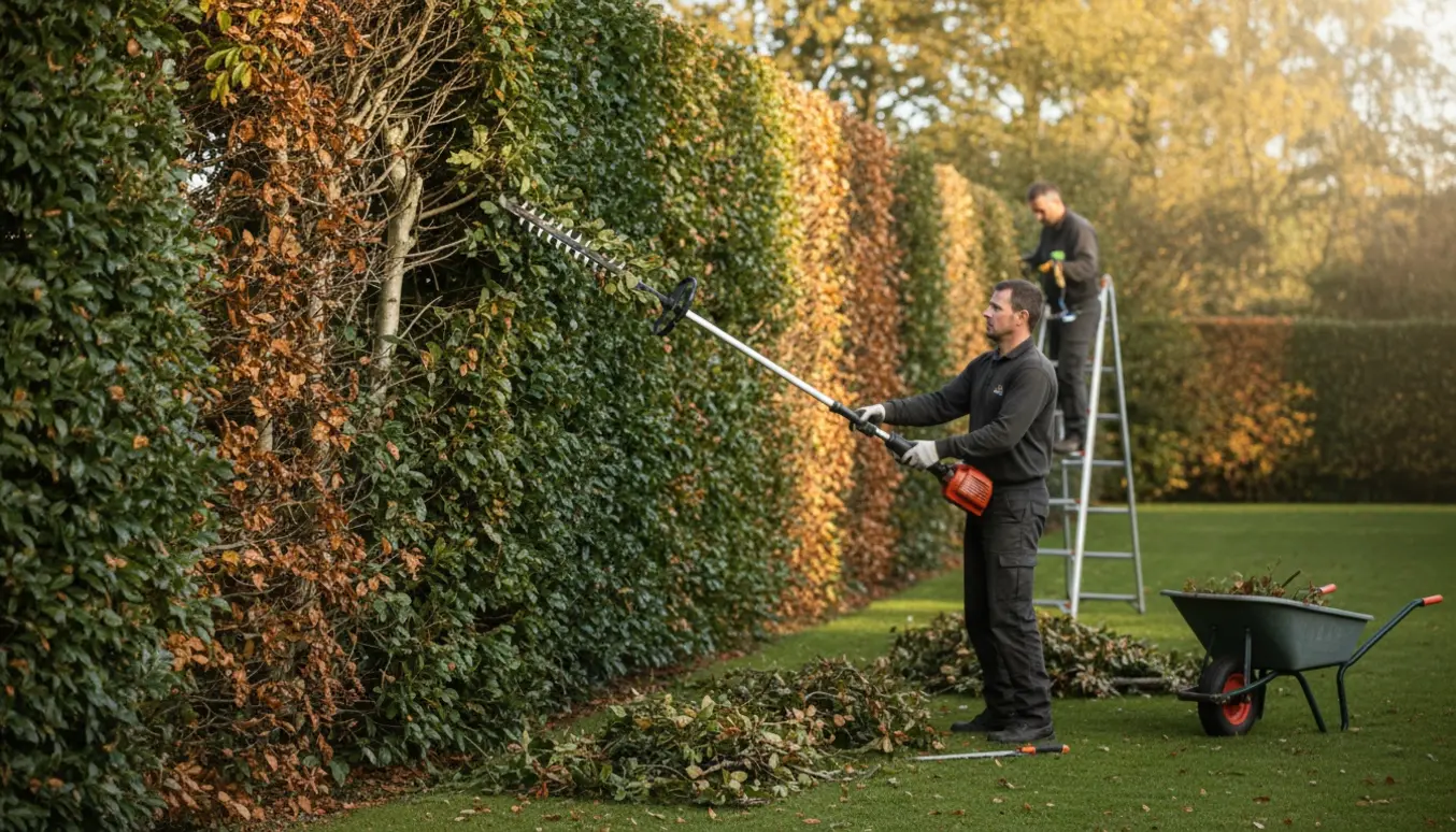 Person set bagfra på stige klipper en høj bøgehæk, med afklip i trillebør og på græsset.