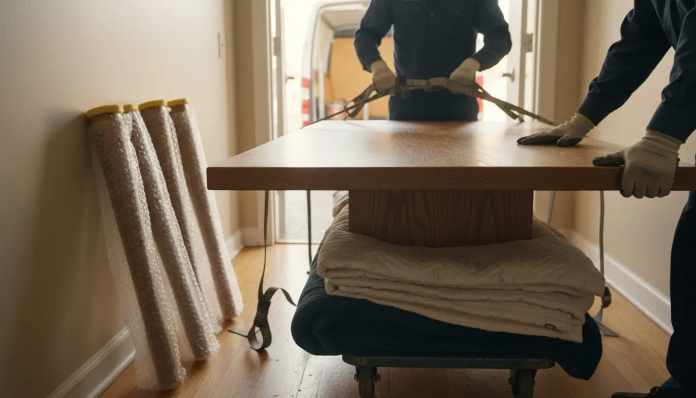 Afmonteret massivt spisebord på en flyttedolly og indpakkede bordben klar til transport.