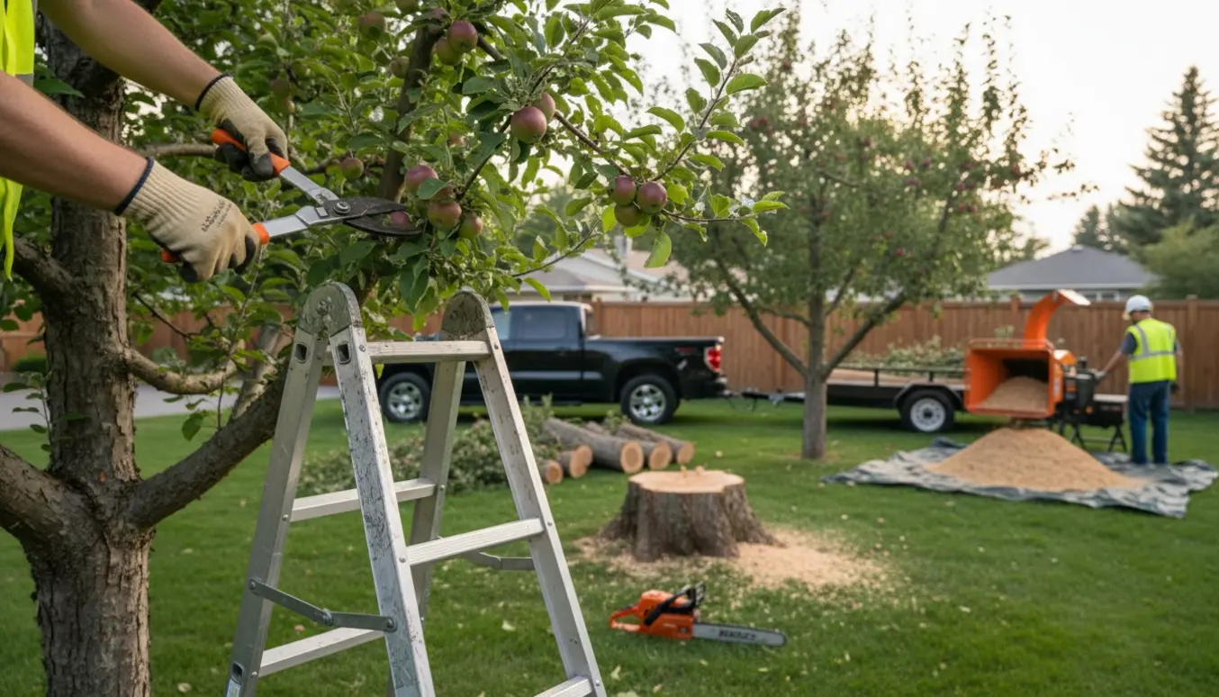 Baghave med to æbletræer og et blomme træ; ét træ bliver let topklippet, mens andre fældes og læsses på trailer.