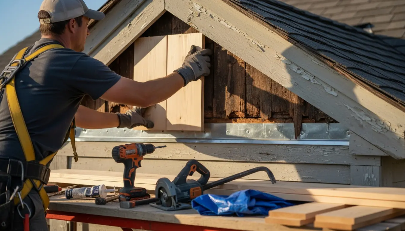 Håndværker udskifter rådnet træ på en kvist med nye planker og værktøj på stillads.