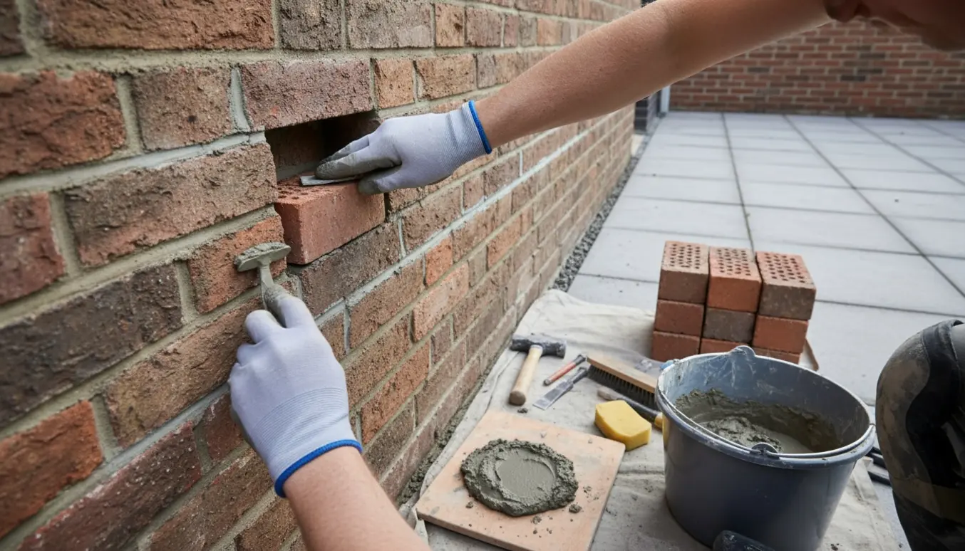 Hænder efterfugerer en murstensmur ved carporten med værktøj og nye mursten i baggrunden.