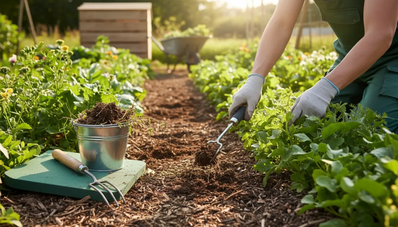 Hænder der fjerner ukrudt i et større havebed med værktøj og en ryddet stribe i baggrunden.