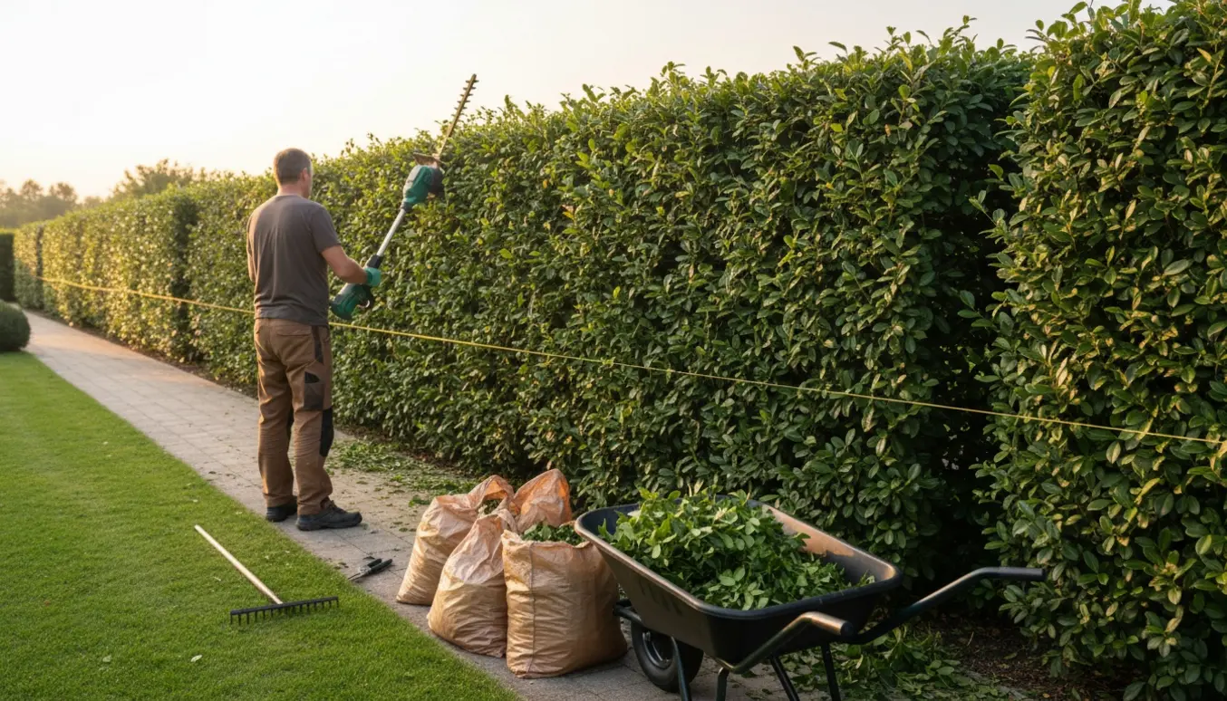 Kirsebærlauerbærhæk bliver formklippet langs en havegang med guide-snor og opsamlede afklip i trillebør.