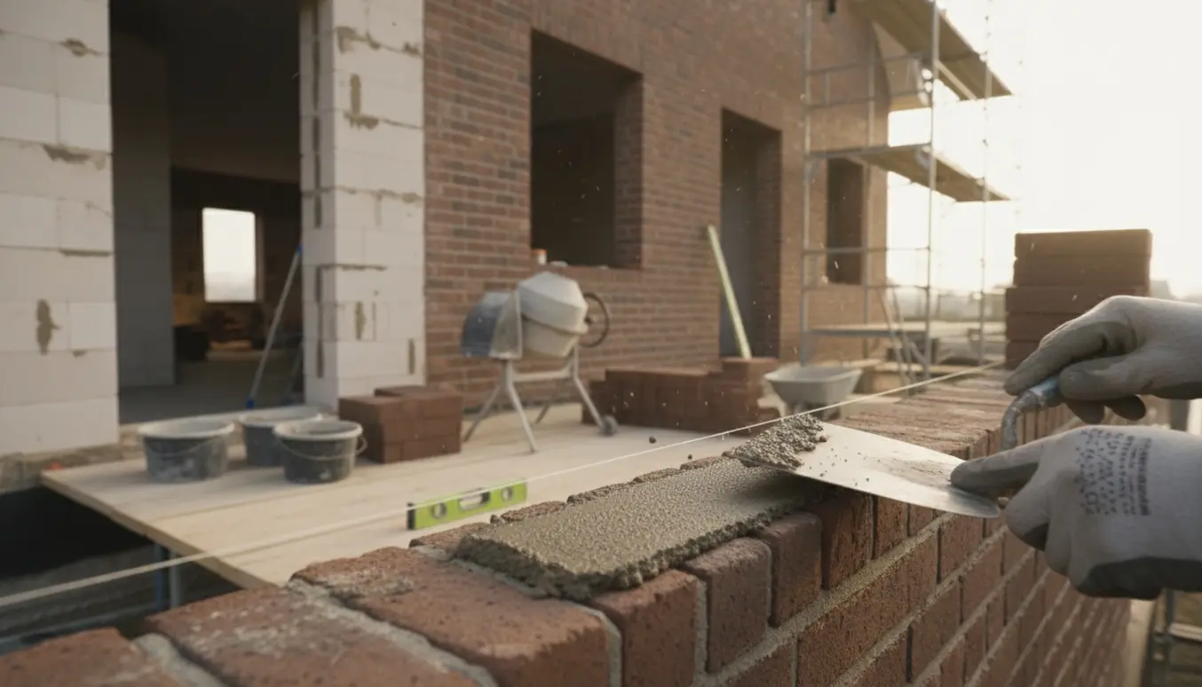 Nærbillede af murer, der fuge- og murer facade med åbninger til to vinduer og en facadedør, med stillads og byggematerialer.
