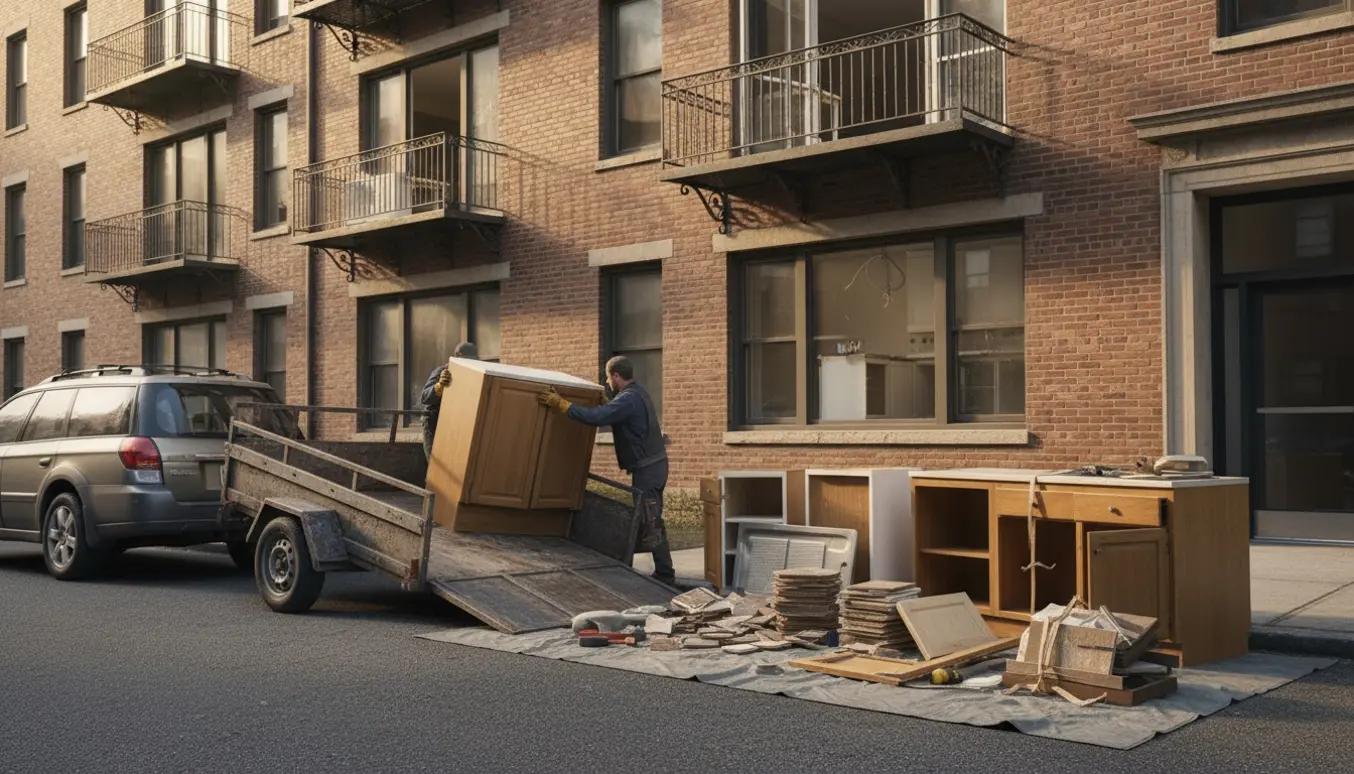 Bil med trailer læsser byggeaffald fra et nedrevet køkken foran en bylejlighed.
