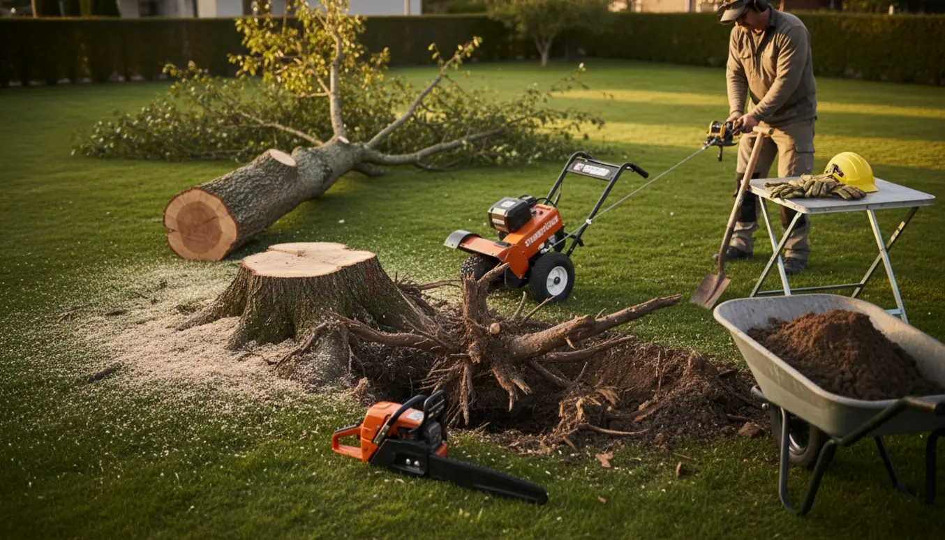 Fældning af træ og fjernelse af stub og rødder i have med motorsav og stubbefræser.