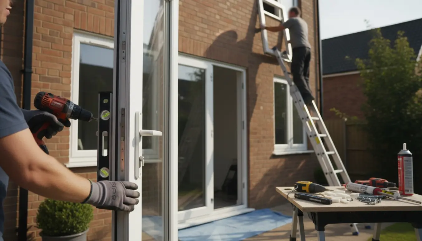 Udvendigt billede af montering af ny terrassedør og udskiftning af to 60x60-vinduer på 1. sal.
