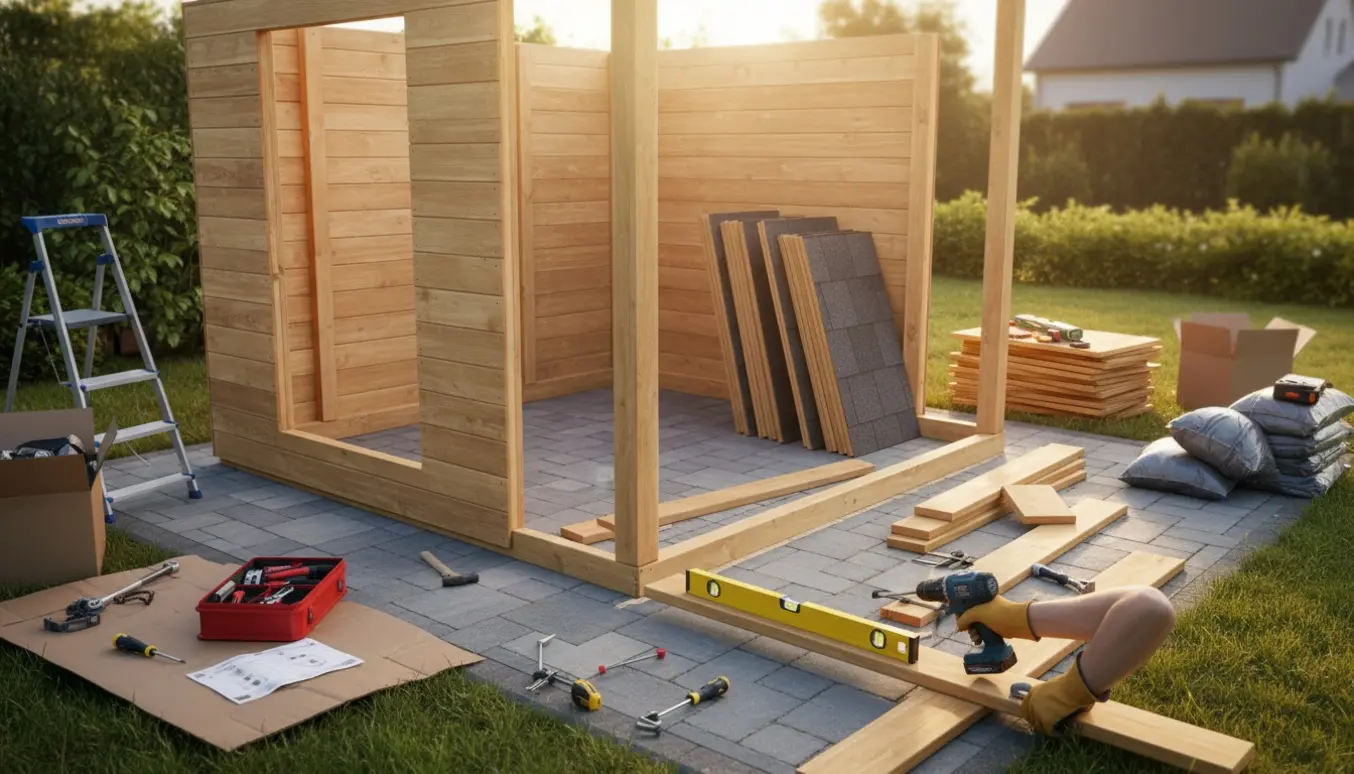 Delvist samlet træredskabsskur på fliseunderlag med værktøj og hænder i arbejde.