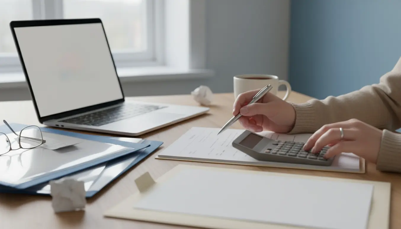 Hænder organiserer skattedokumenter ved et lyst skrivebord, klar til at udfylde selvangivelsen.