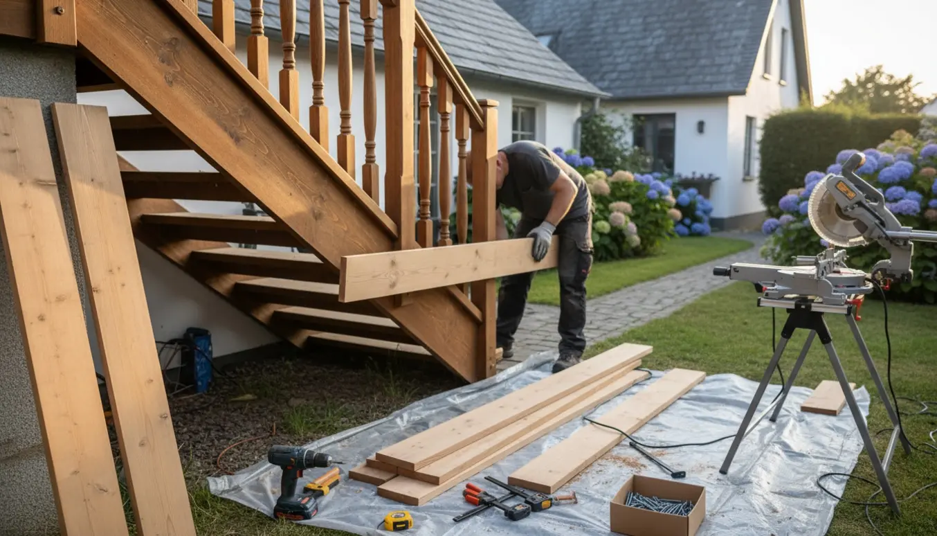Terrassetrappe under renovering med nye Douglas-gran vanger og håndværktøj omkring trappen.