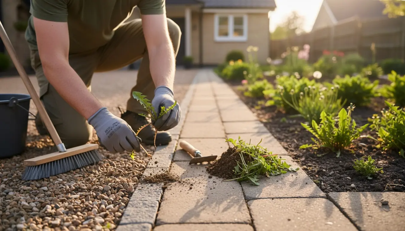 Handskerede hænder trækker mælkebøtter og ukrudt op mellem fliser og grus i en indkørsel.
