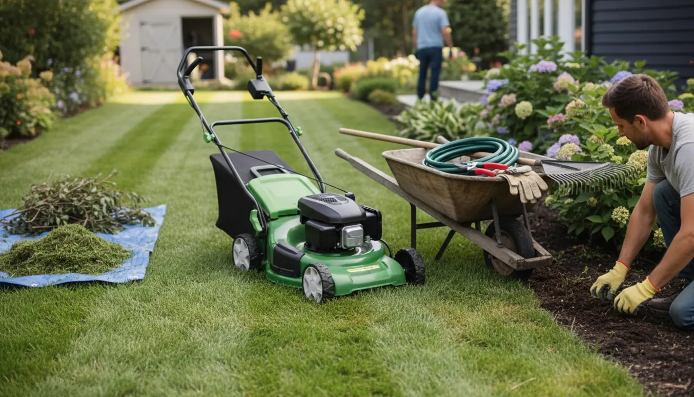 Havearbejde med græsslåning, lugning ved blomsterbed og redskaber i en solbeskinnet baghave.
