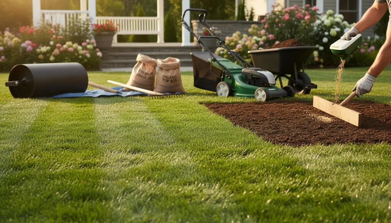 Nærbillede af en nyslået og jævnet græsplæne under udsåning med haveredskaber i baggrunden.