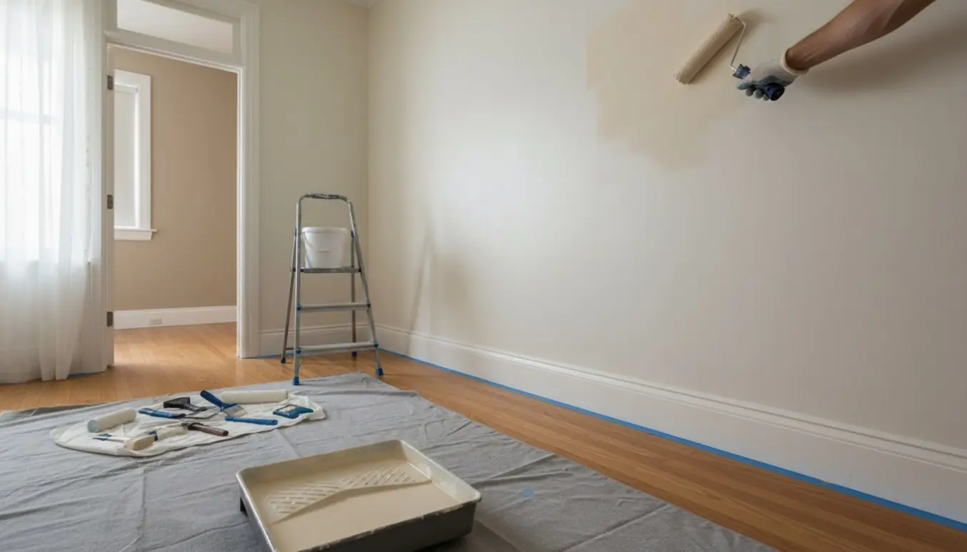 Et lille værelse bliver malet hvidt med en malerrulle, værktøj og afdækning synligt og et andet nyistandsat værelse i baggrunden.