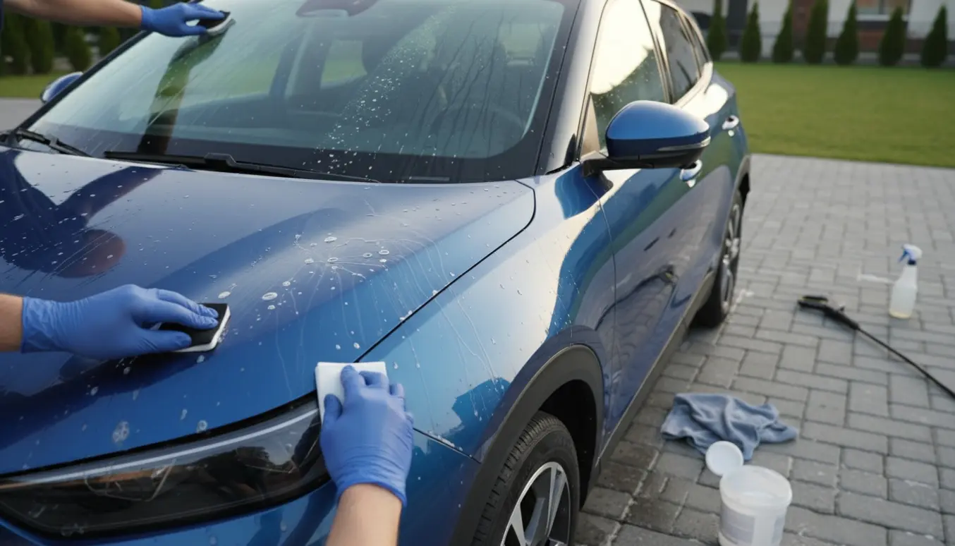 En elbil får nanobehandling af forrude og to ovenlysvinduer med synlige vandperler og rengøringsudstyr.