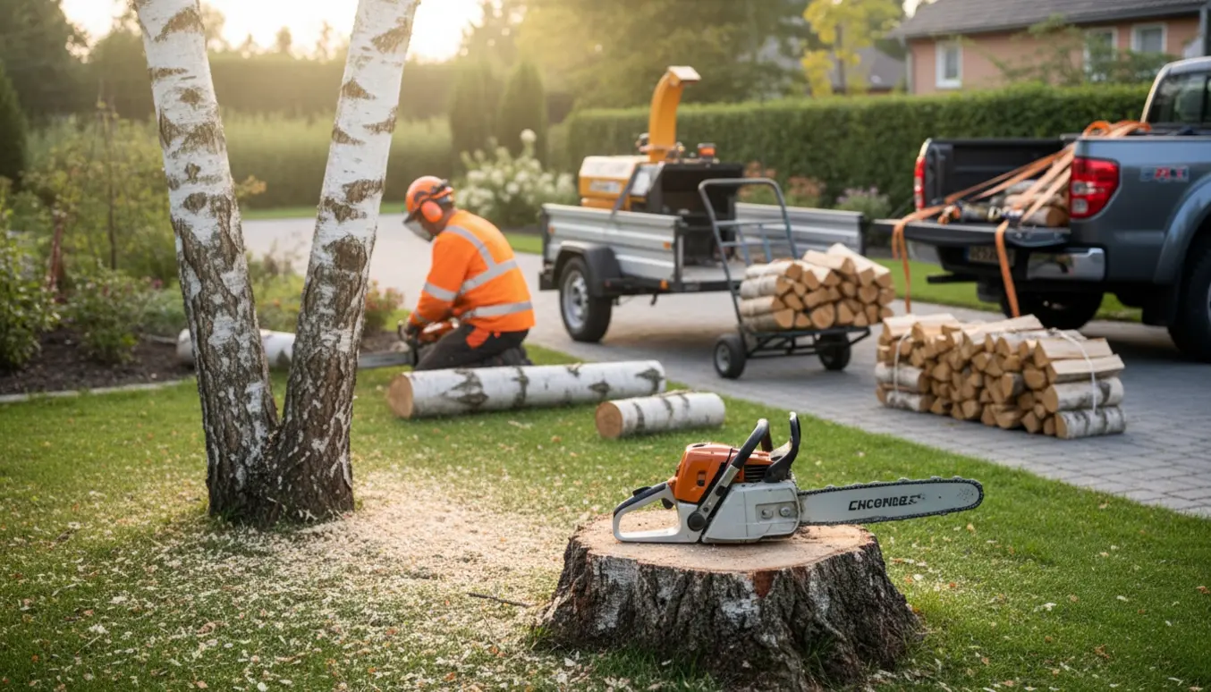 Højt birketræ med to stammer under fældning, savede stammer og brænde klar til bortkørsel.