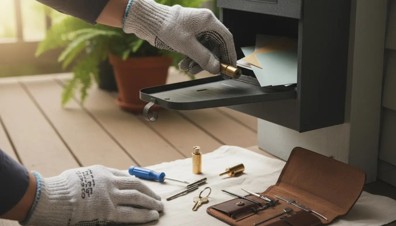 Nærbillede af hænder, der udskifter låsecylinder i en postkasse med værktøj og nye nøgler på en fortrappe.