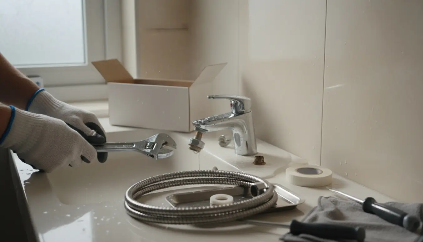 Nærbillede af hænder, der udskifter et krom blandingsbatteri og monterer en ny bruseslange i et lyst badeværelse.