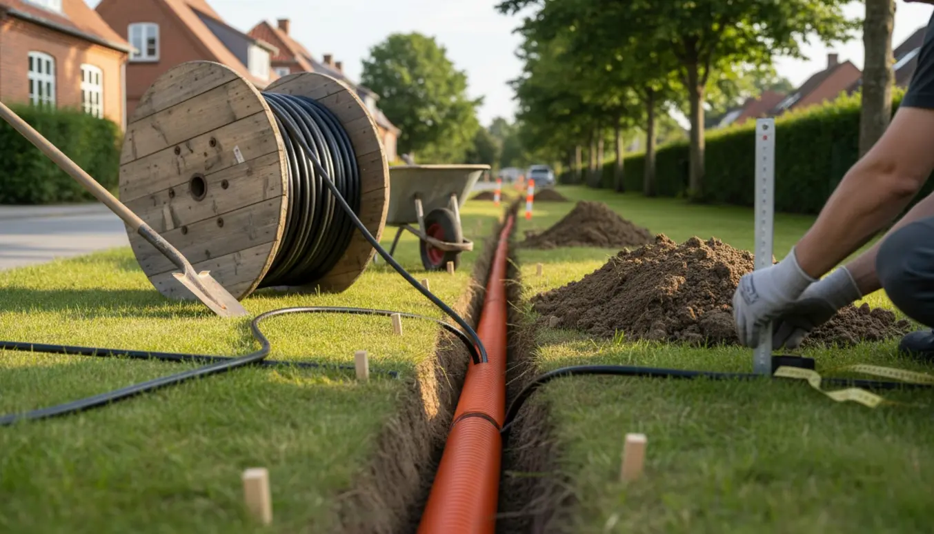 Grøft ved en villavej i Hillerød med kabelrulle og arbejdshandsker klar til nedgravning.