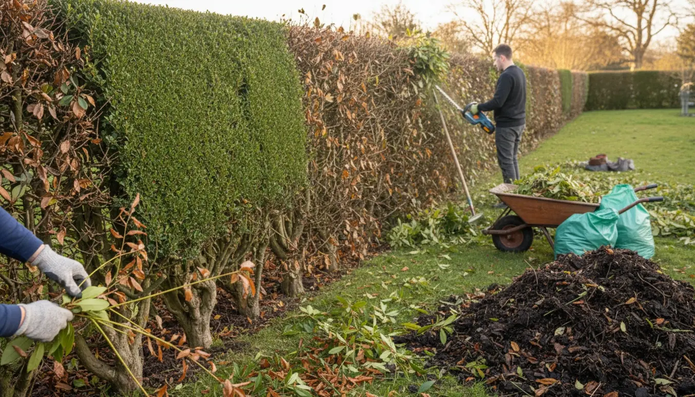 Nærbillede af hækkeklipning på en rhododendronhæk med handske, trillebør fyldt med afklip og en kompostbunke i baggrunden.
