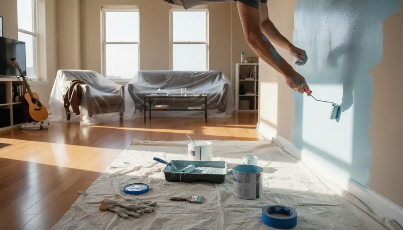 Delvist malet stue i en lejlighed med åbne malerbøtter, malerulle og møbler dækket af plastik.