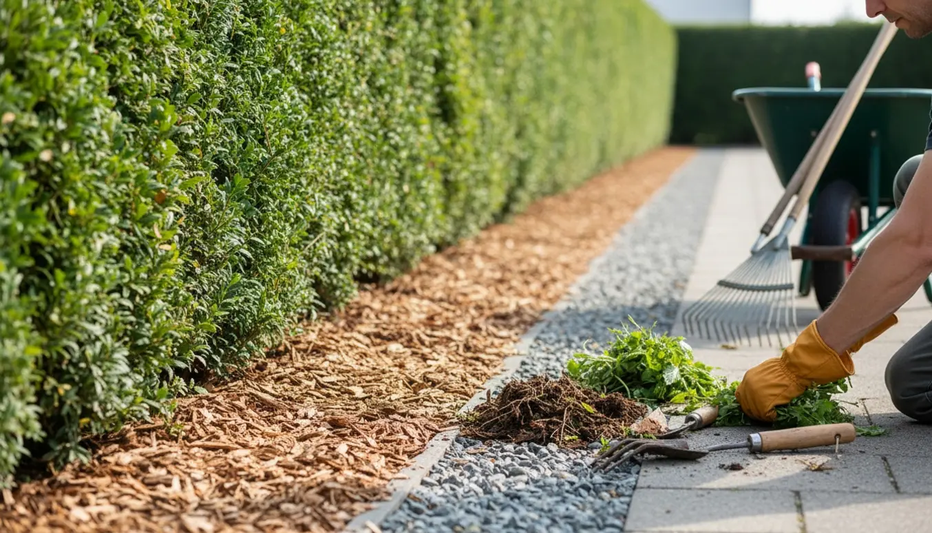 Nærbillede af lugning ved en 10 m hæk med træflis foran og små granitsten bagved.