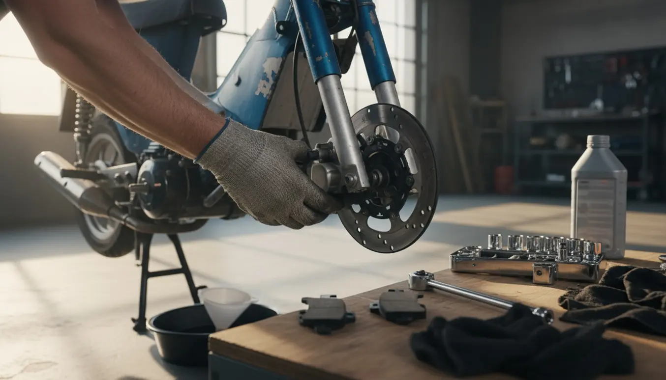 Mekaniker skifter forbremsen på en knallert i et solbelyst værksted med værktøj og olie klar til service.