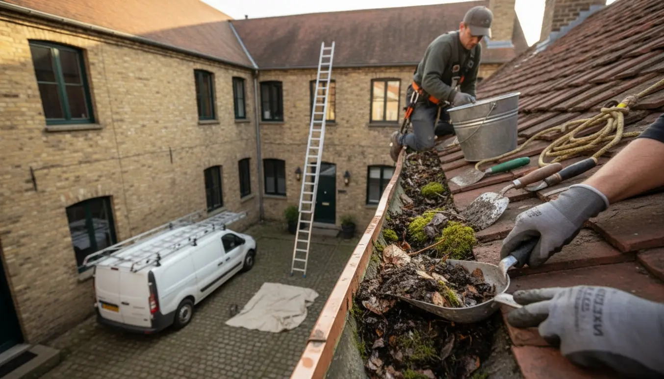 Person renser tagrender på en tre-etagers byejendom fra en stige med handsker og spand i gården.