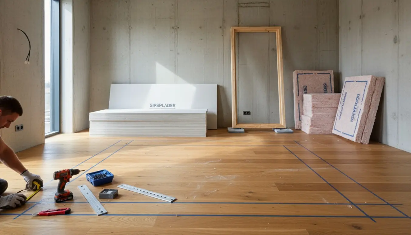 Ryddet rum med gipsplader, Rockwool og en dør klar til opbygning af en 4,5 m skillevæg.