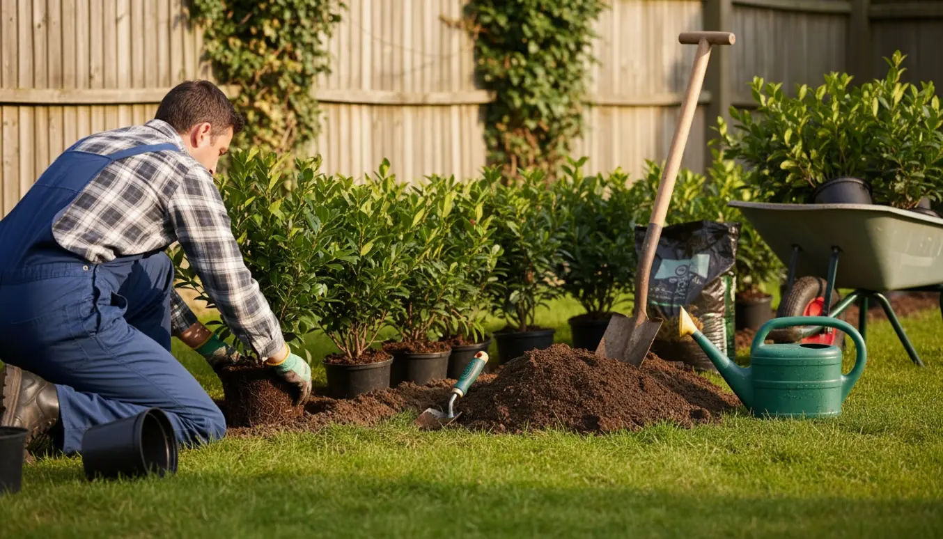 Gartner planter en ny kirsebærlaurbær-hæk med potteplanter, spade og haveværktøj i naturligt morgenlys.