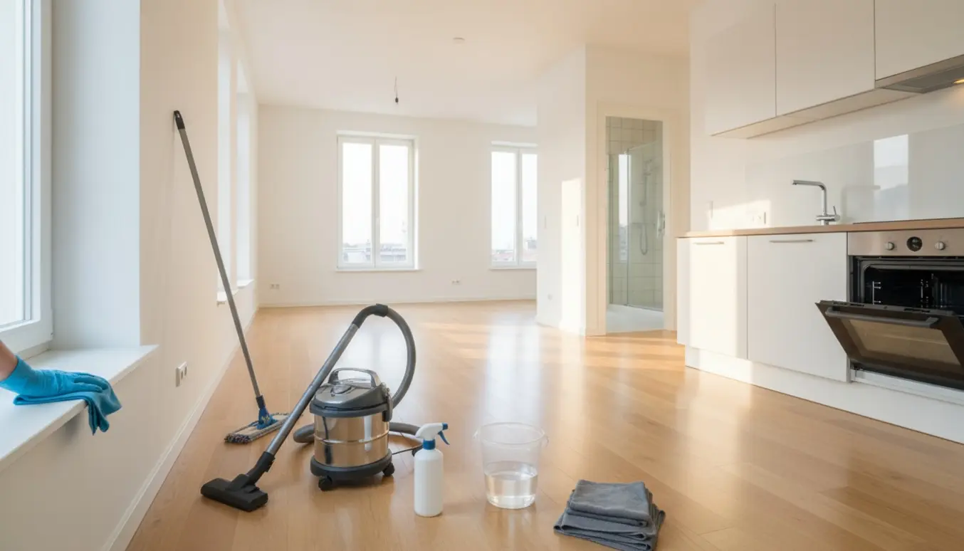 Nyvasket, lys 100 kvm-lejlighed med rengøringsudstyr og en handske-klædt hånd, der pudser overflader.
