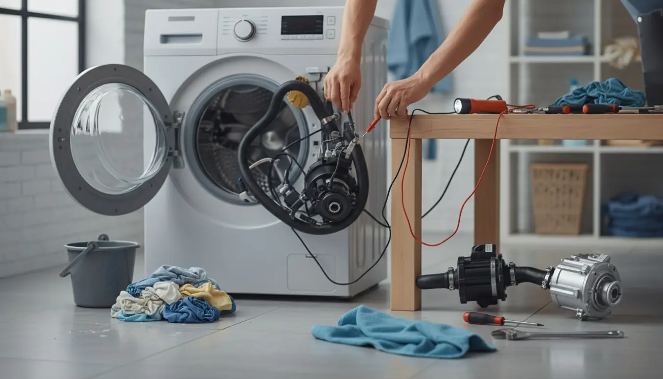 Nærbillede af åben vaskemaskine med demonteret afløbspumpe, værktøj og multimeter til fejlsøgning.