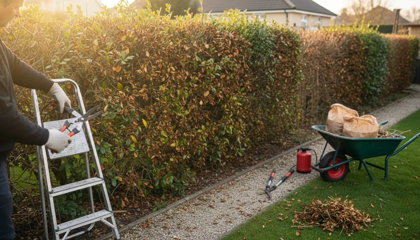 Ligusterhæk med bladsygdom, håndværker set bagfra som klipper syge grene med haveredskaber og trillebør til affald.